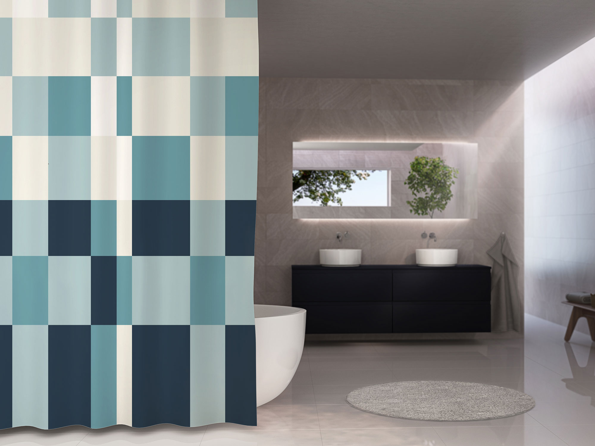 Bricks badeforhæng i støvet blå